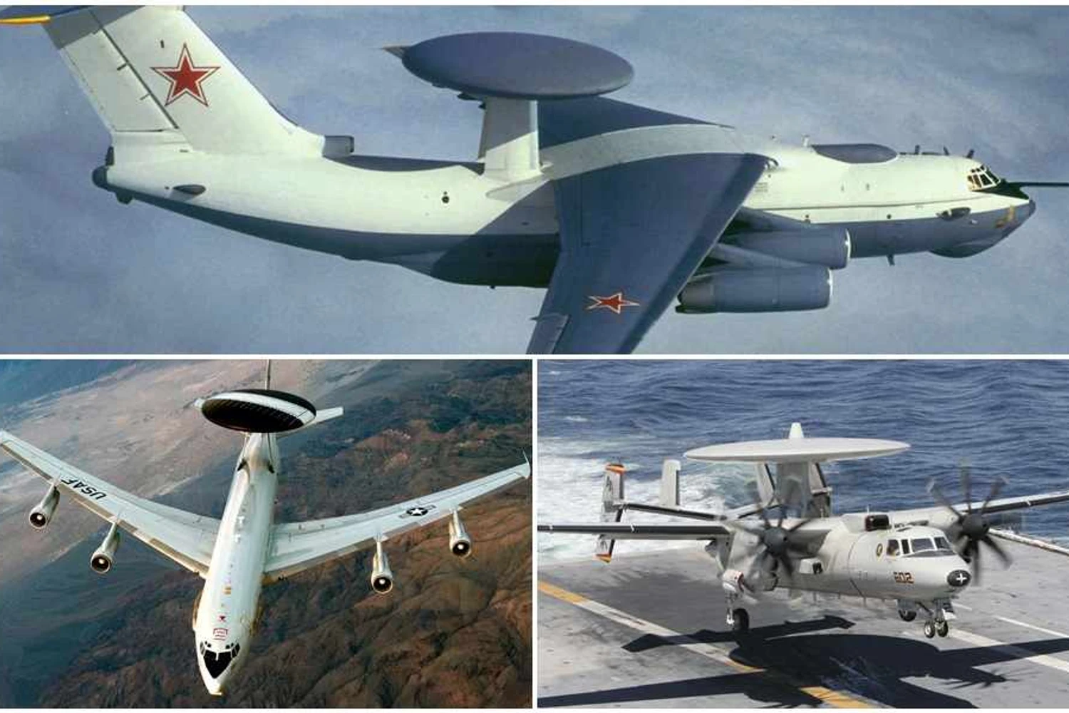 Os AEW&amp;C mais famosos: Beriev A-10 da Rússia e os norte-americanos Boeing E-3 e o Grumman E-2