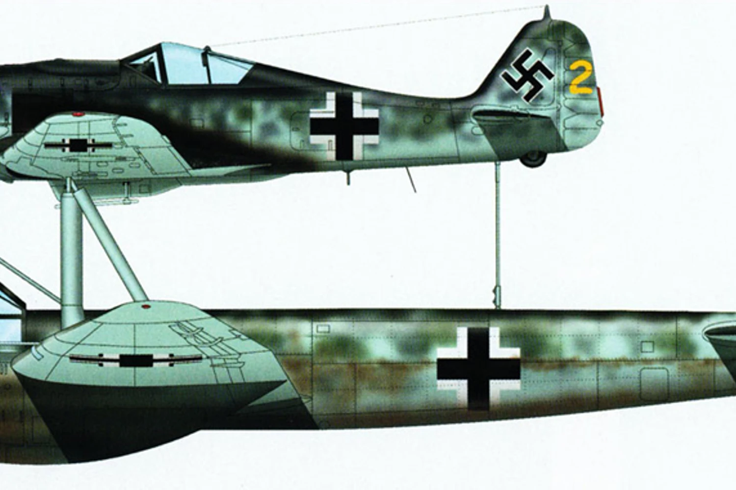 A combinação do Mistel com o caça Fw.190 era mais complicada, pois os aviões utilizam combustíveis diferentes (Ilustração - Hasegawa)