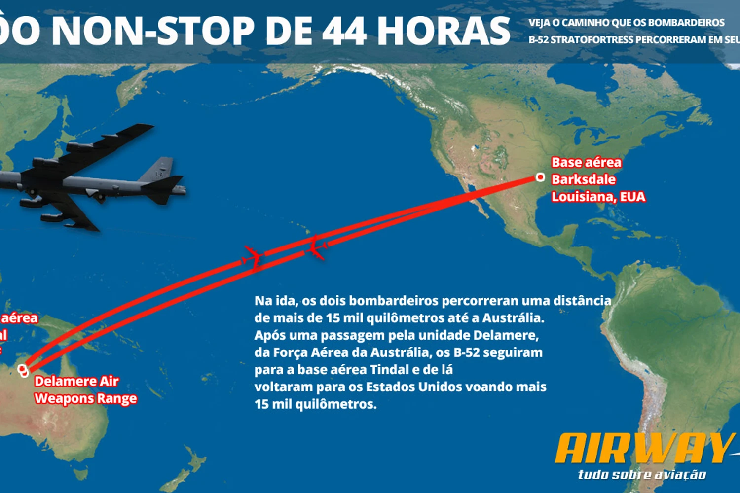 A viagem de dois dias realizadas pelos bombardeiros percorreu mais de 30.000 km (Infográfico - Airway)