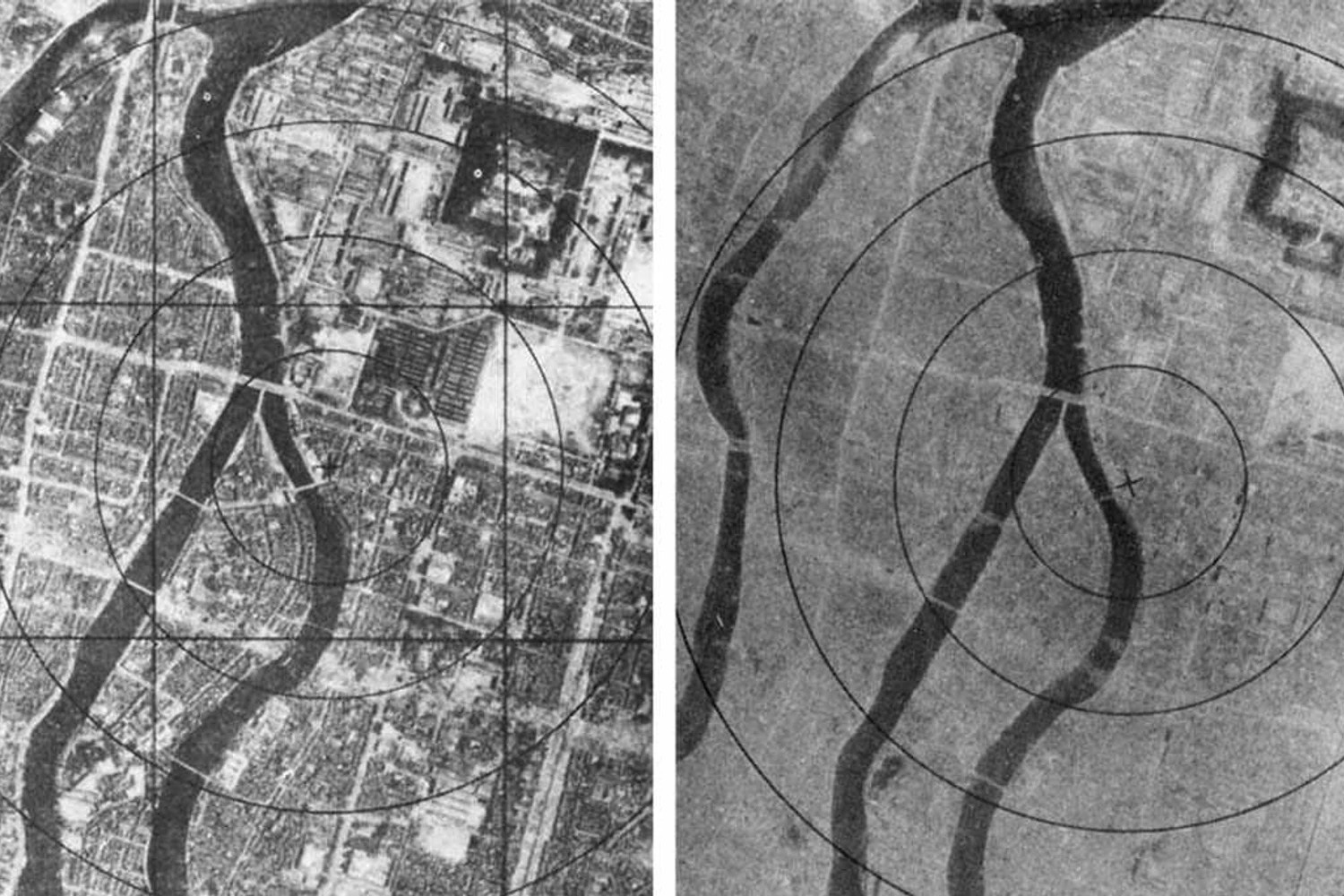 Hiroshima antes do ataque da "Little Boy" (a esquerda) e depois; a explosão da bomba causou a morte de mais de 70 mil pessoas