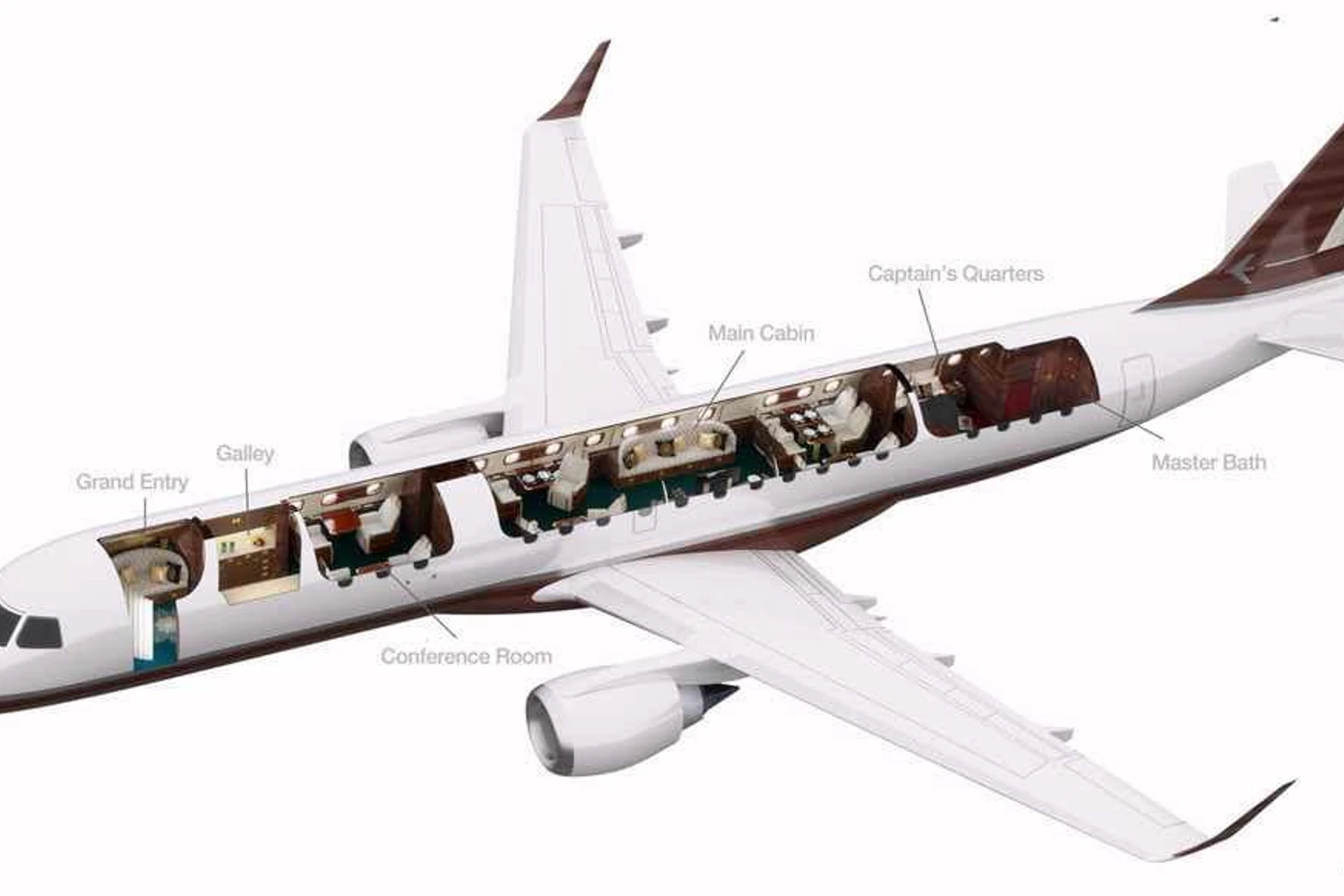O Lineage 1000E também pode ser equipado com sala de estar e dormitório privado (Imagem - Embraer)