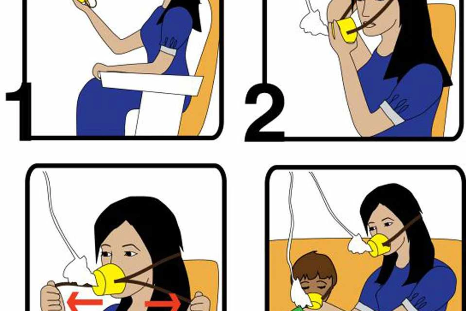 Os efeitos da descompressão surgem em poucos segundos, por isso o passageiros deve primeiro vestir a máscara para depois ajudar quem não consegue fazê-lo (Divulgação)