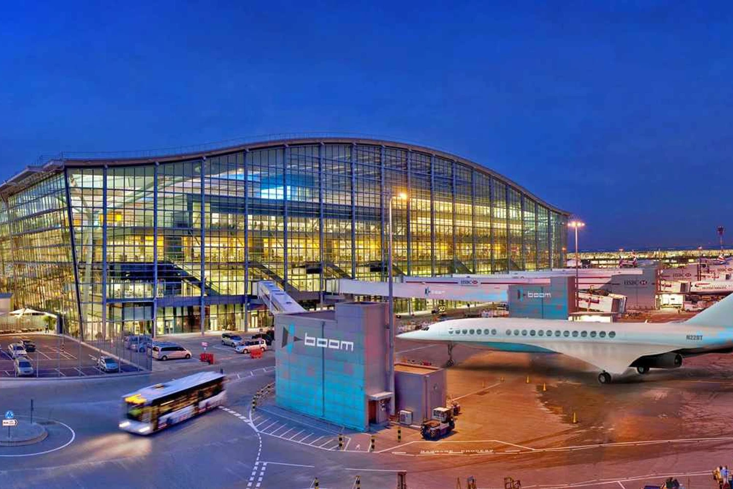 Concepção artística do Boom no aeroporto de Heathrow, em Londres (Boom Technology)