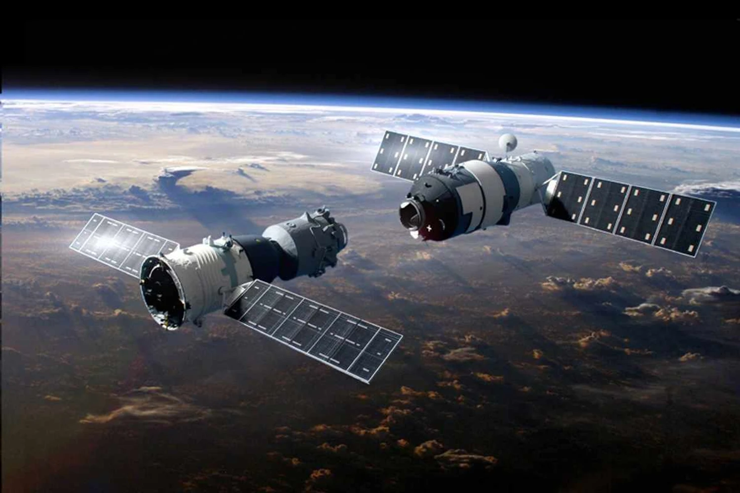 Na projeção, o módulo "Shenzhou 9" se aproxima da estação Tiangong 1 (ApolloSaturn)