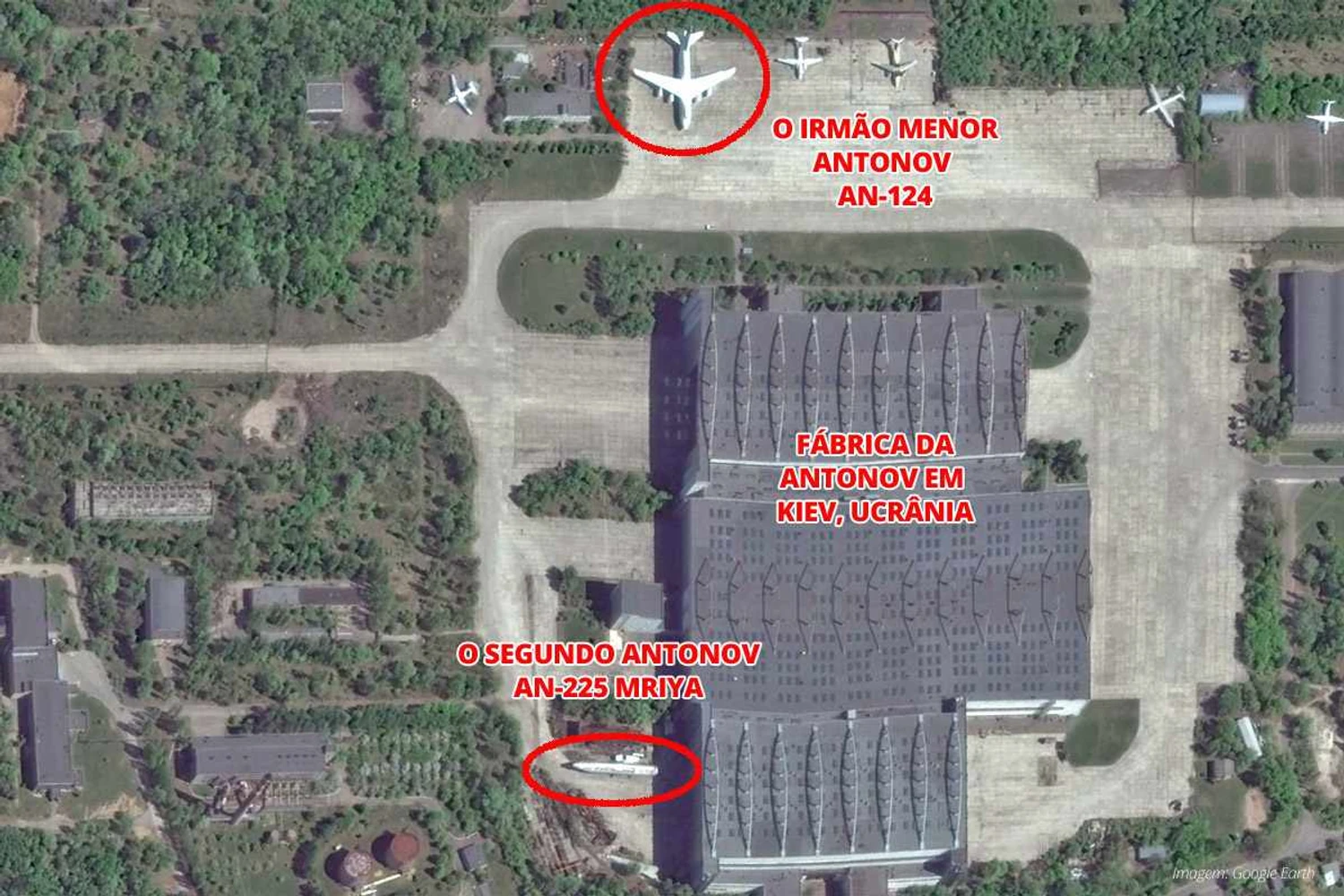 A fuselagem abandonada do An-225 é visível no Google Earth