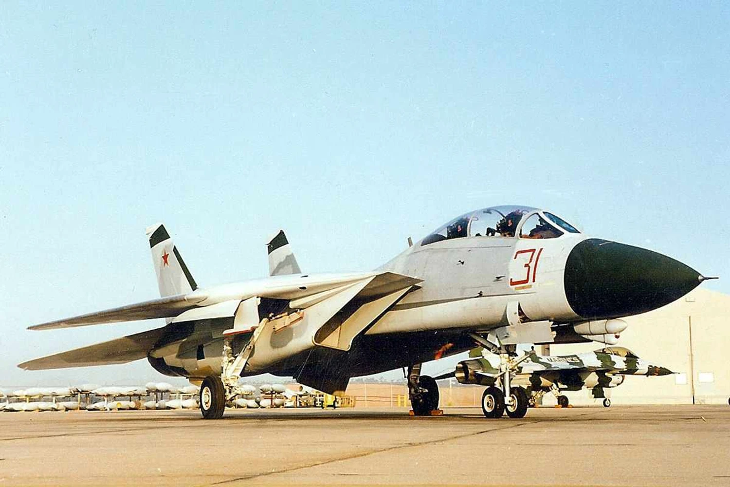 F-14 soviético? Não. O caça usando pintura do russo Su-27 em missões de treinamento