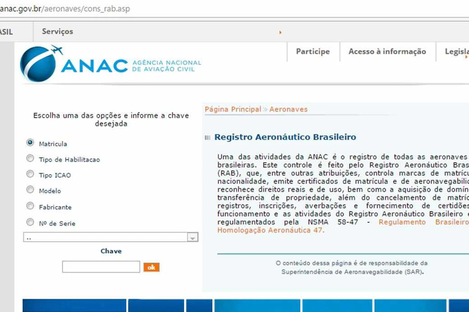 O site da ANAC mostra as informações da aeronave a partir de seu prefixo