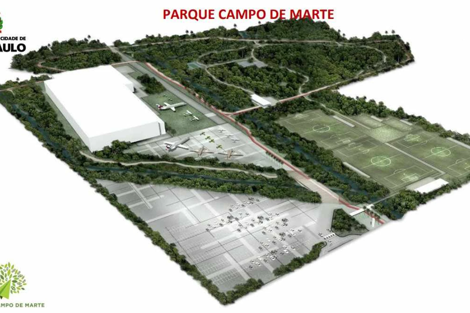 A imagem do Parque Campo de Marte divulgada pela prefeitura ainda não é o formato definitivo do projeto (Prefeitura de São Paulo)