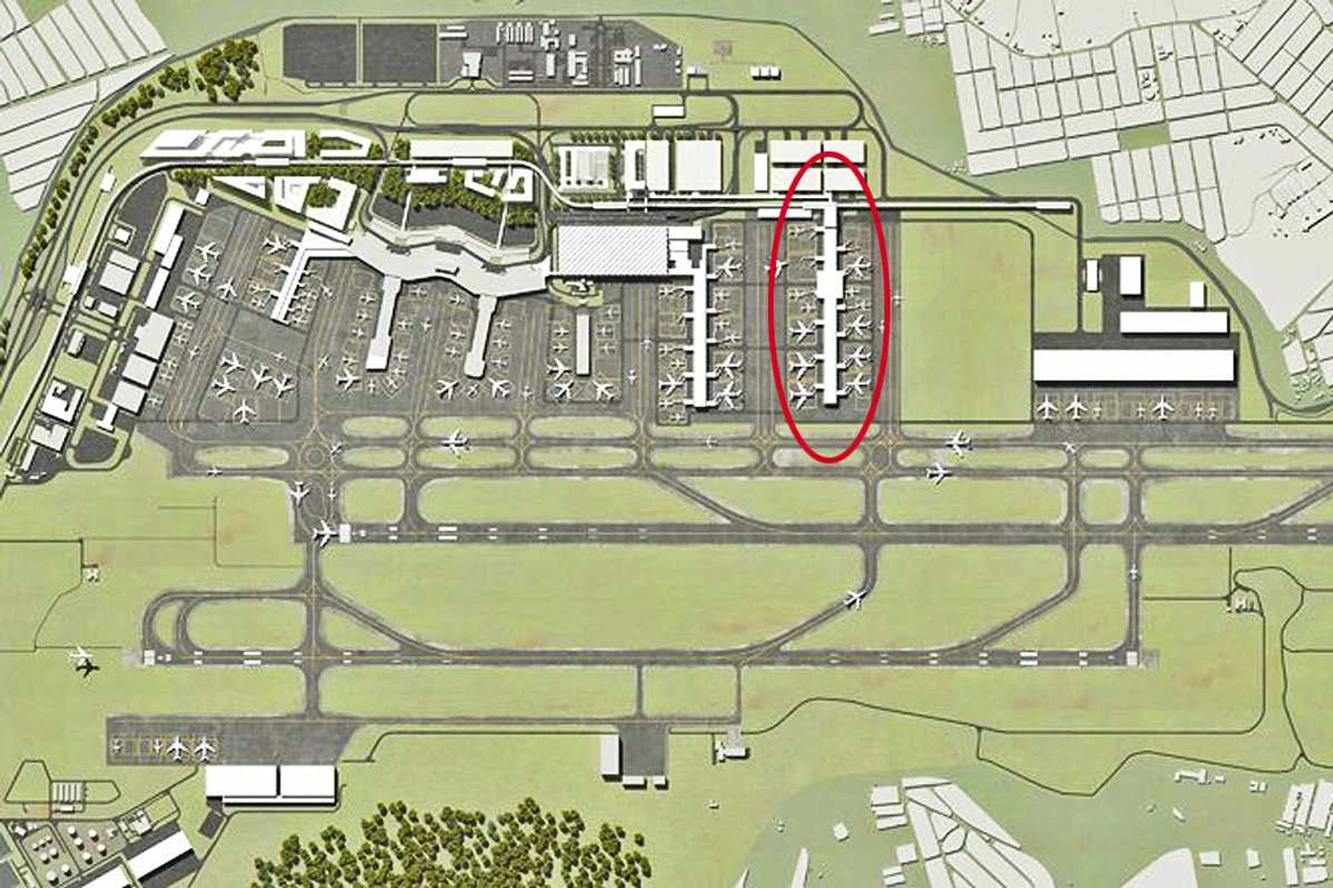 Uma das primeiras propostas de expansão de Guarulhos mostra como será o novo terminal aproximadamente (Airport Design Management)