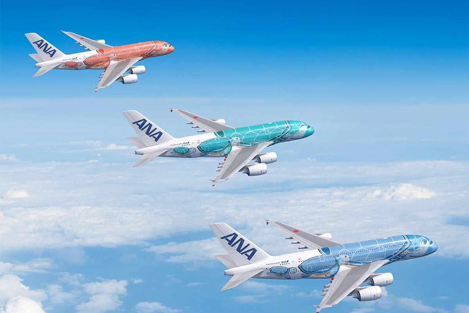 Gigantes coloridos: Cada um dos três A380 da ANA terá uma pintura diferente (Airbus)