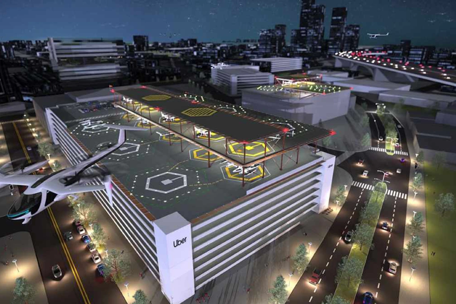 As viagens de eVTOL serão realizadas entre "skyports" distribuídos nas cidades (Uber)