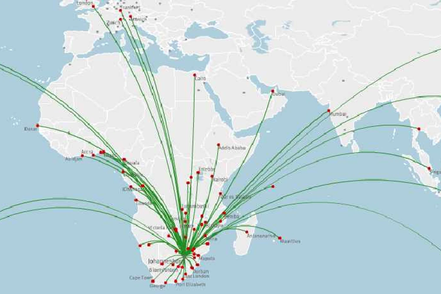 Mapa de voos da South African Airways