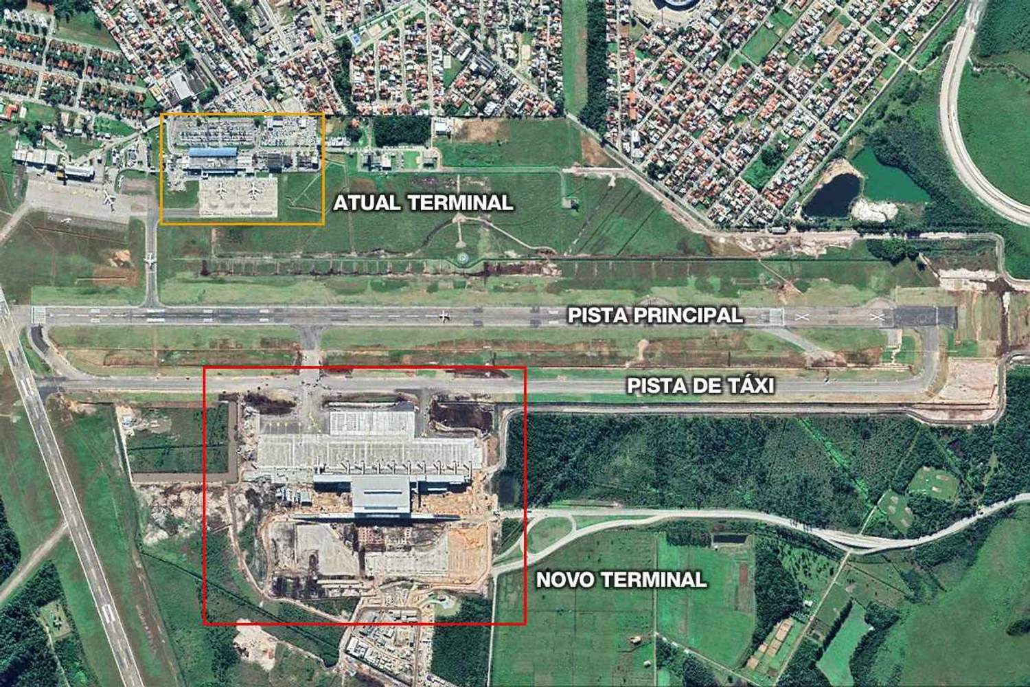 O novo terminal (em vermelho): capacidade vai pular de 2 milhões para 8 milhões de passageiros por ano (Reprodução/Google)