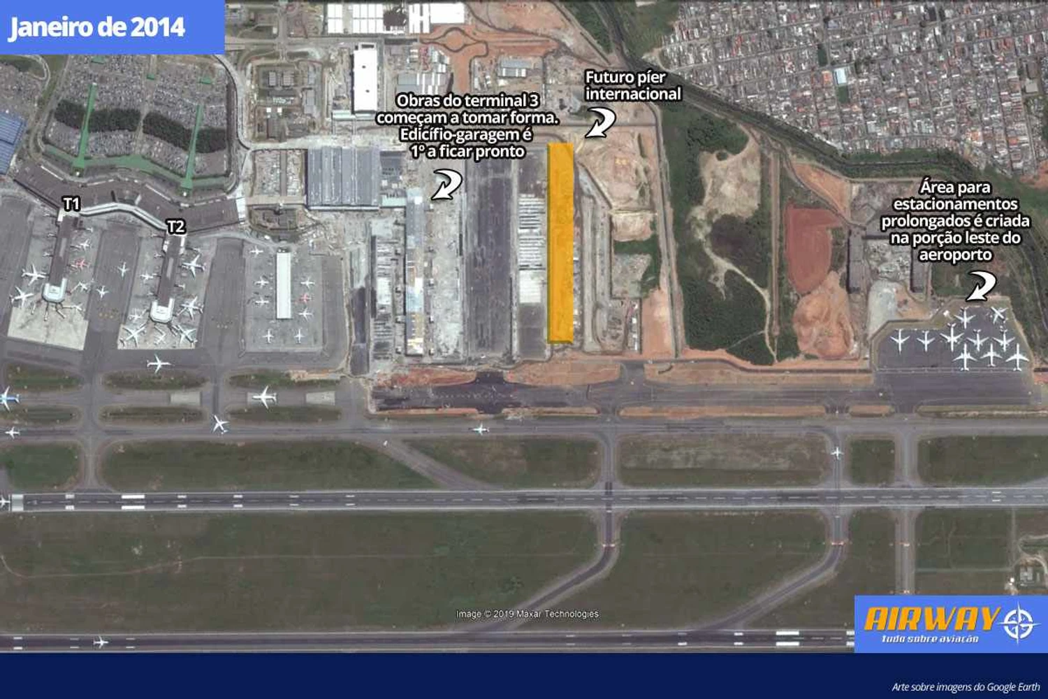 A poucos meses do prazo de abertura, já era possível ver o novo prédio tomando forma além de um imenso pátio. Na ponta do leste do aeroporto, a GRU construiu uma área de longa estada para aeronaves, liberando a pista de táxi