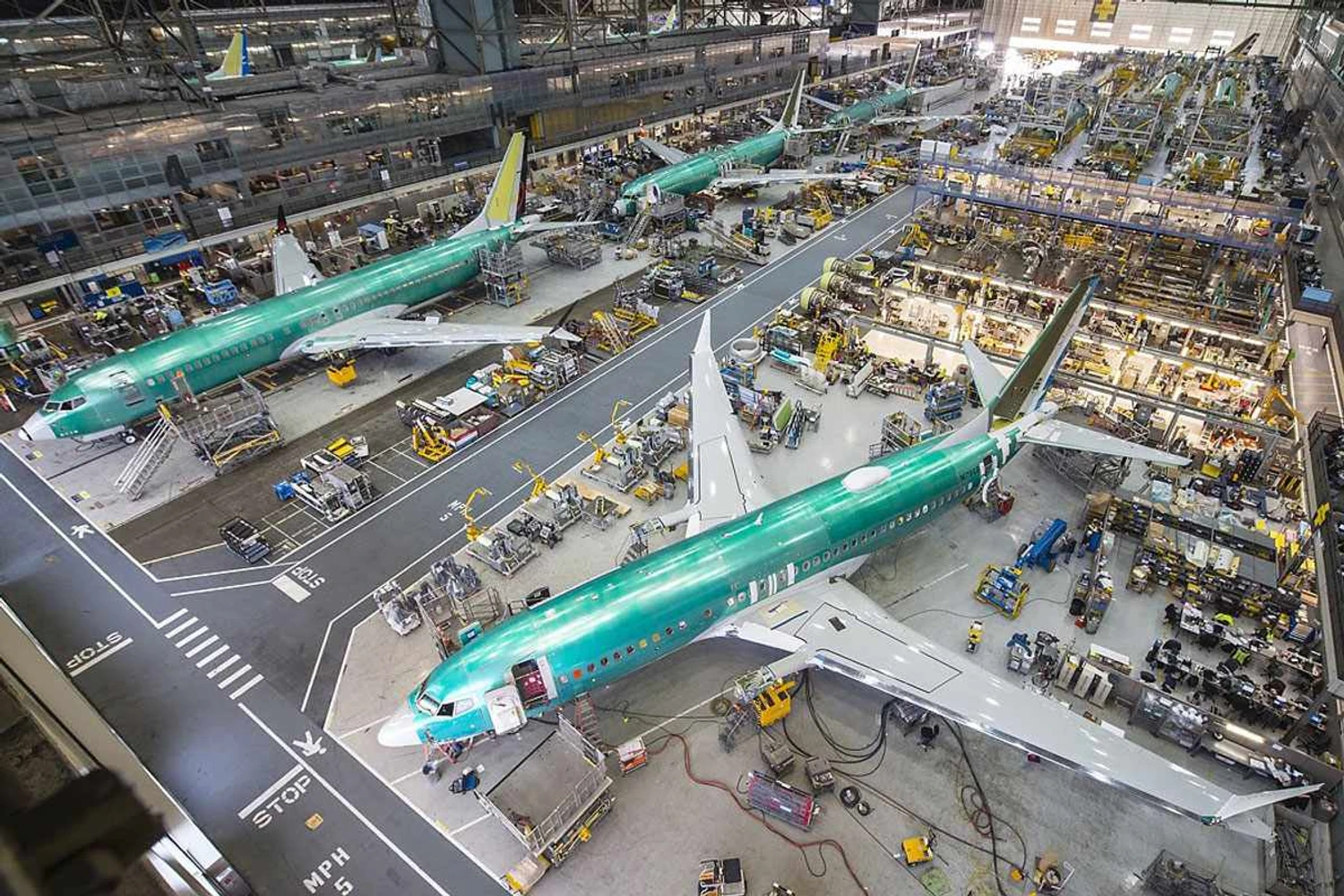 737 Max assembly line: work suspended in January (Boeing).