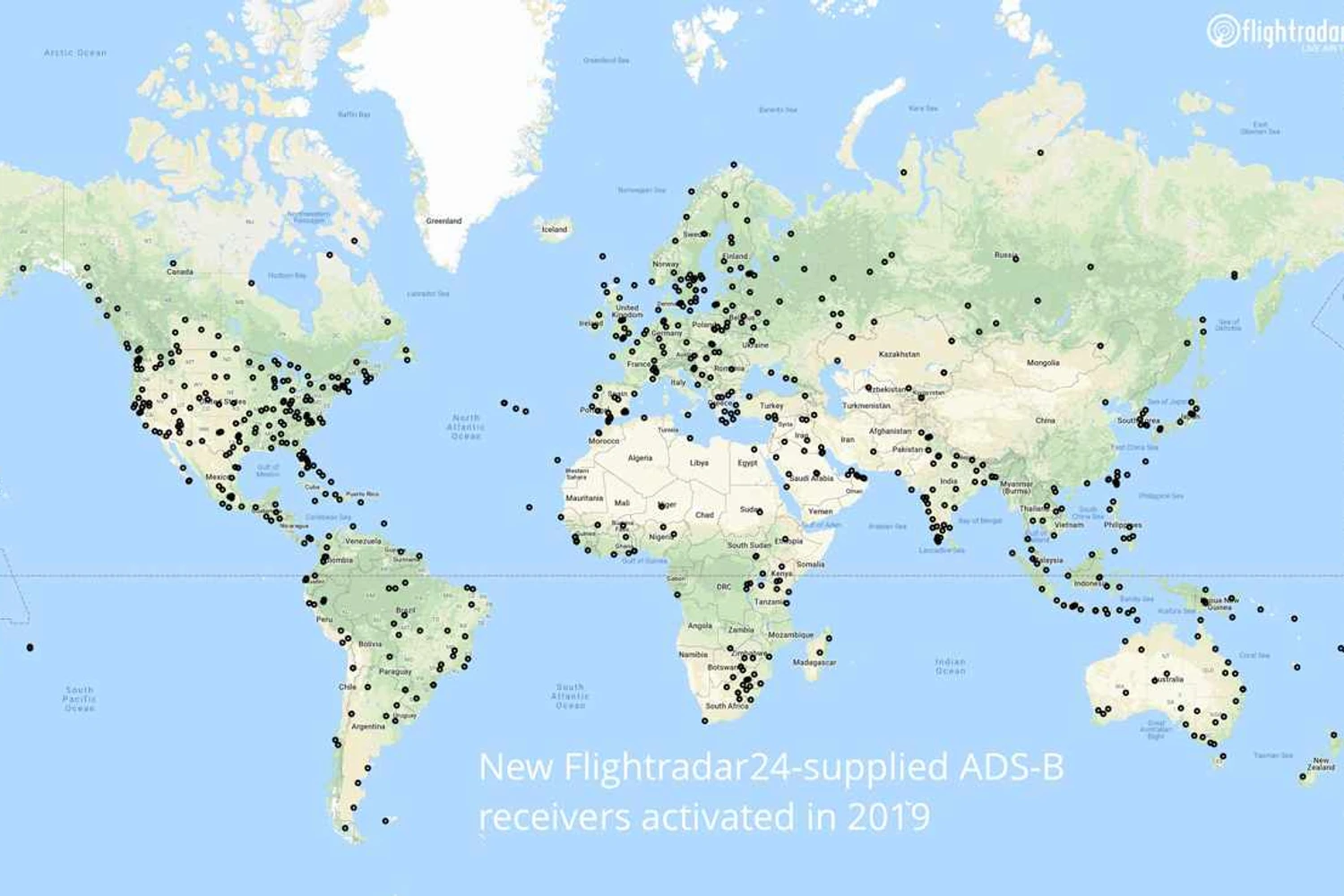 Pontos pelo mundo onde foram instalados novos receptores ADB-S (Flightradar24)