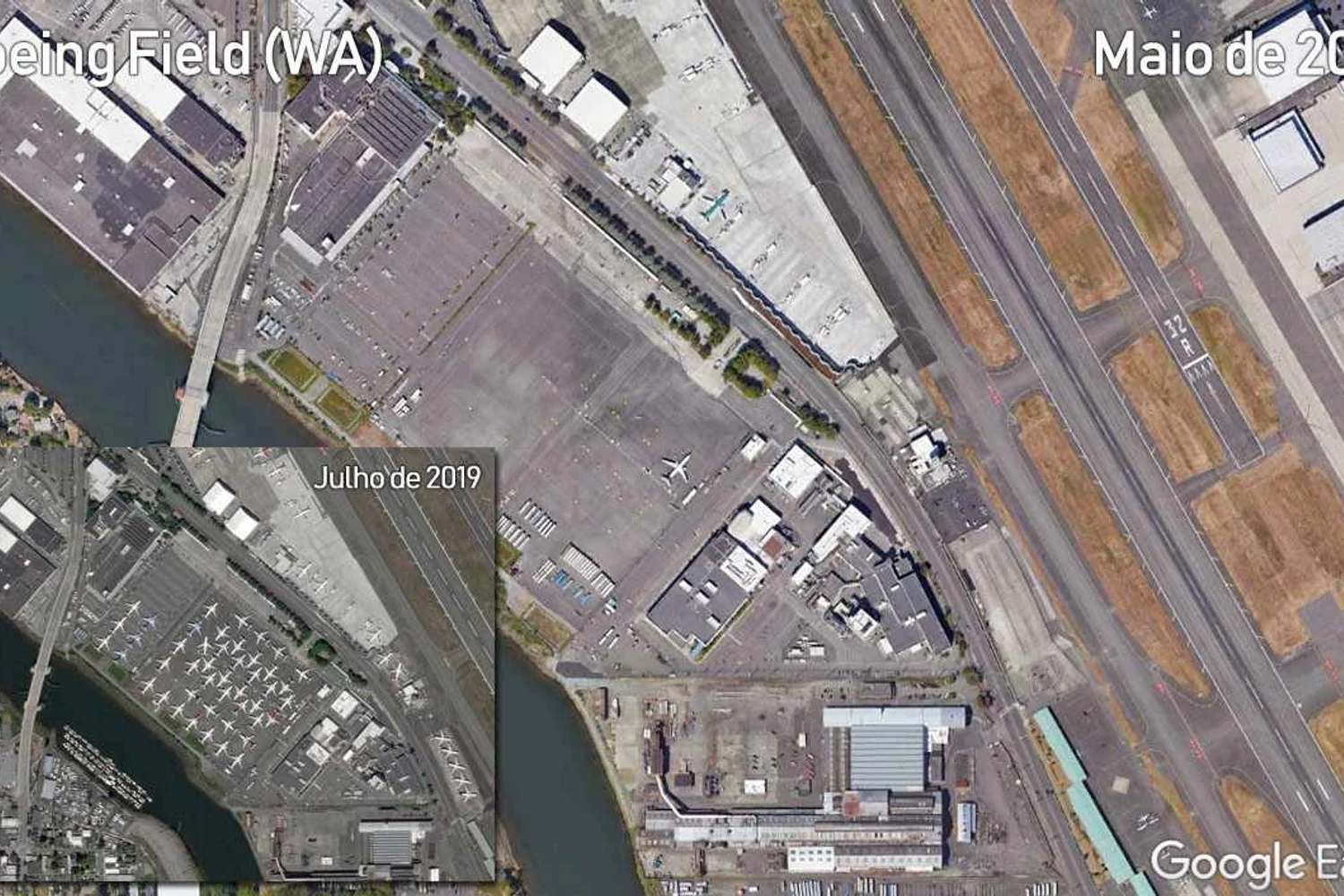 O Boeing Field vazio no Google e abarrotado em imagem do site