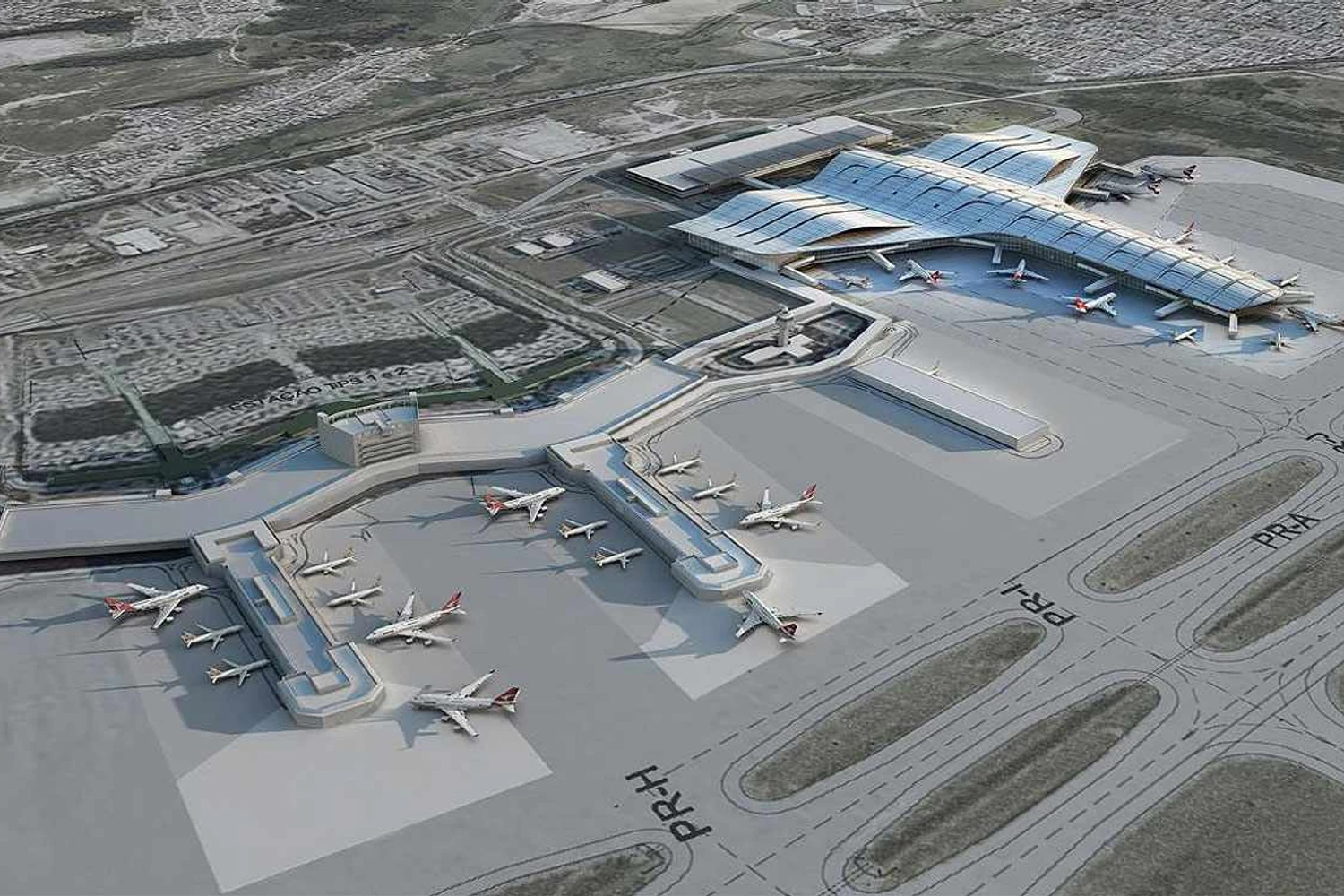 O projeto do Terminal 3 de Guarulhos encomendado pela Infraero: em vez dele, maior aeroporto do país viu galpões de carga reformados para receber passageiros (Biselli e Katchborian)