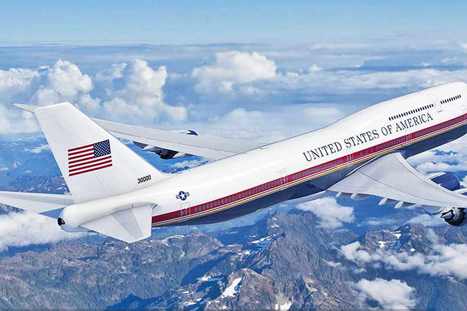 Proje&ccedil;&atilde;o do novo Air Force One com pintura proposta por Trump em seu primeiro mandato