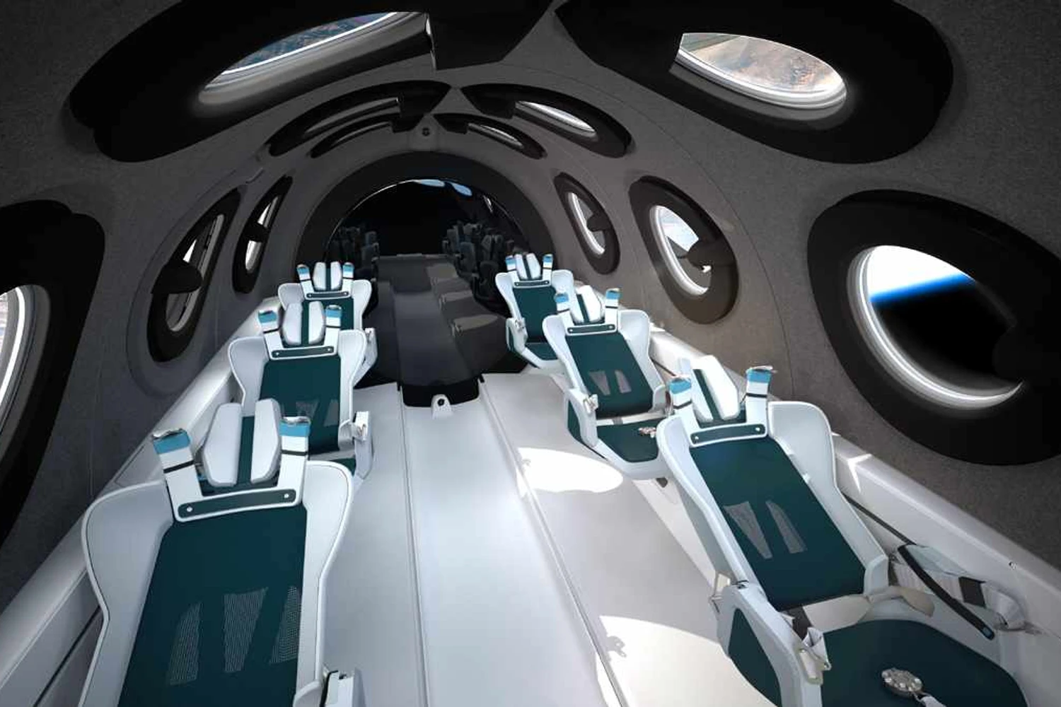 A regulagem dos assentos vai variar automaticamente para os passageiros suportarem os efeitos G da viagem (Virgin Galactic)