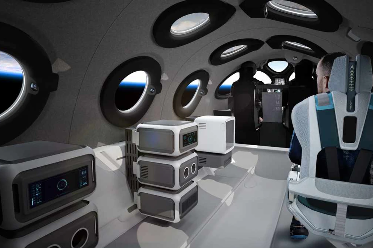 Concepção da cabine da nave transportando equipamentos científicos (Virgin Galactic)