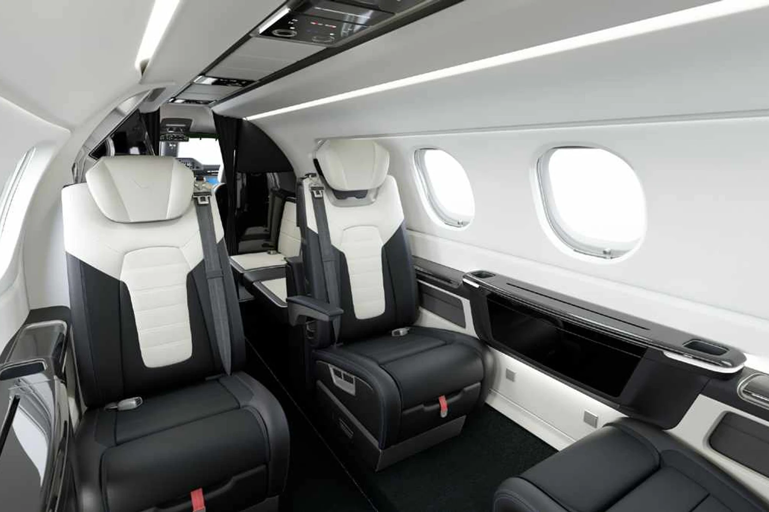 Cabine do Phenom 300E com detalhes da série Duet; interior do Porsche tem o mesmo estilo (Embraer)
