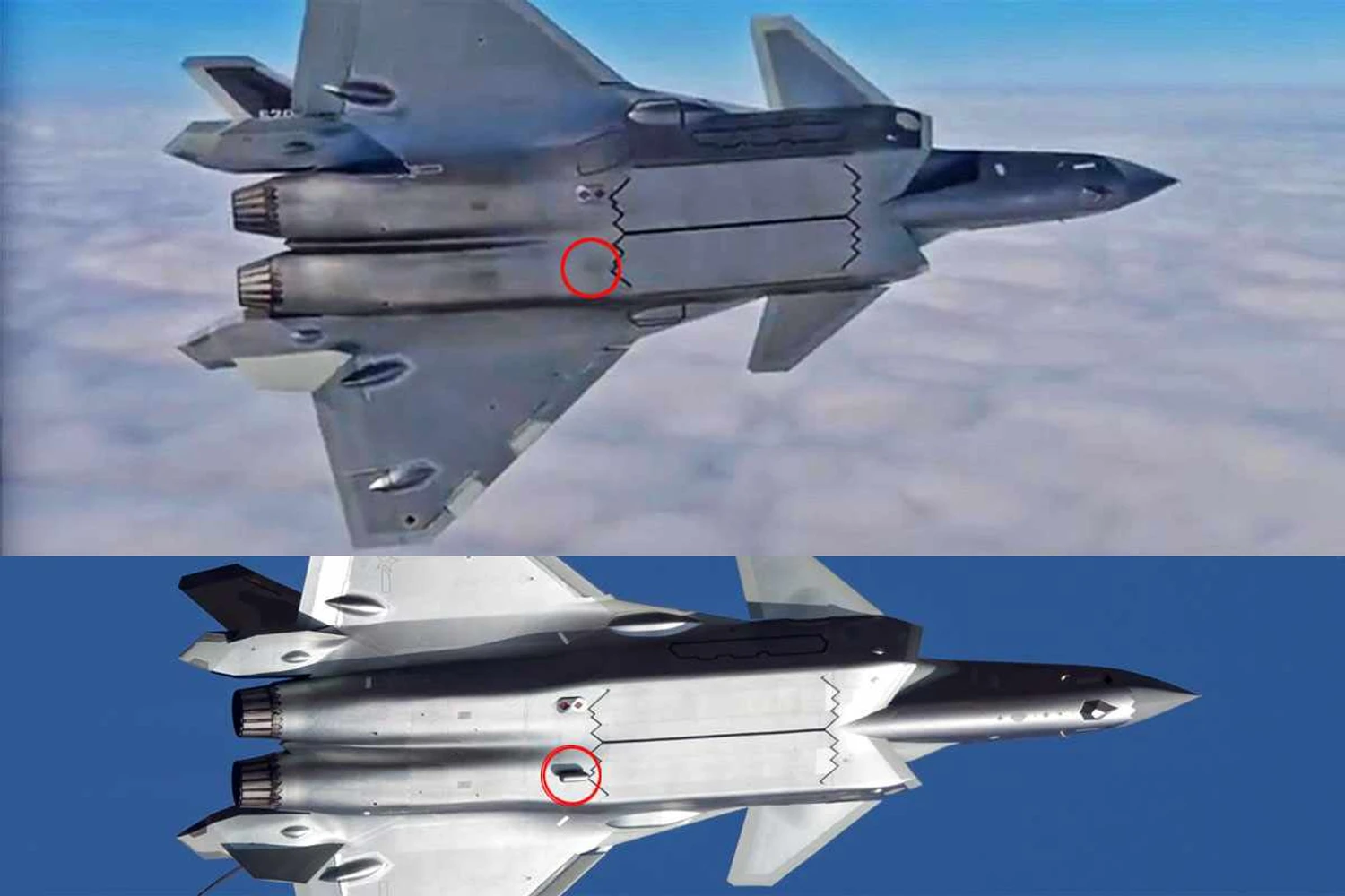 The J-20 fighter without Luneburg lens (above) - Yang Pa/China Military/CCTV
