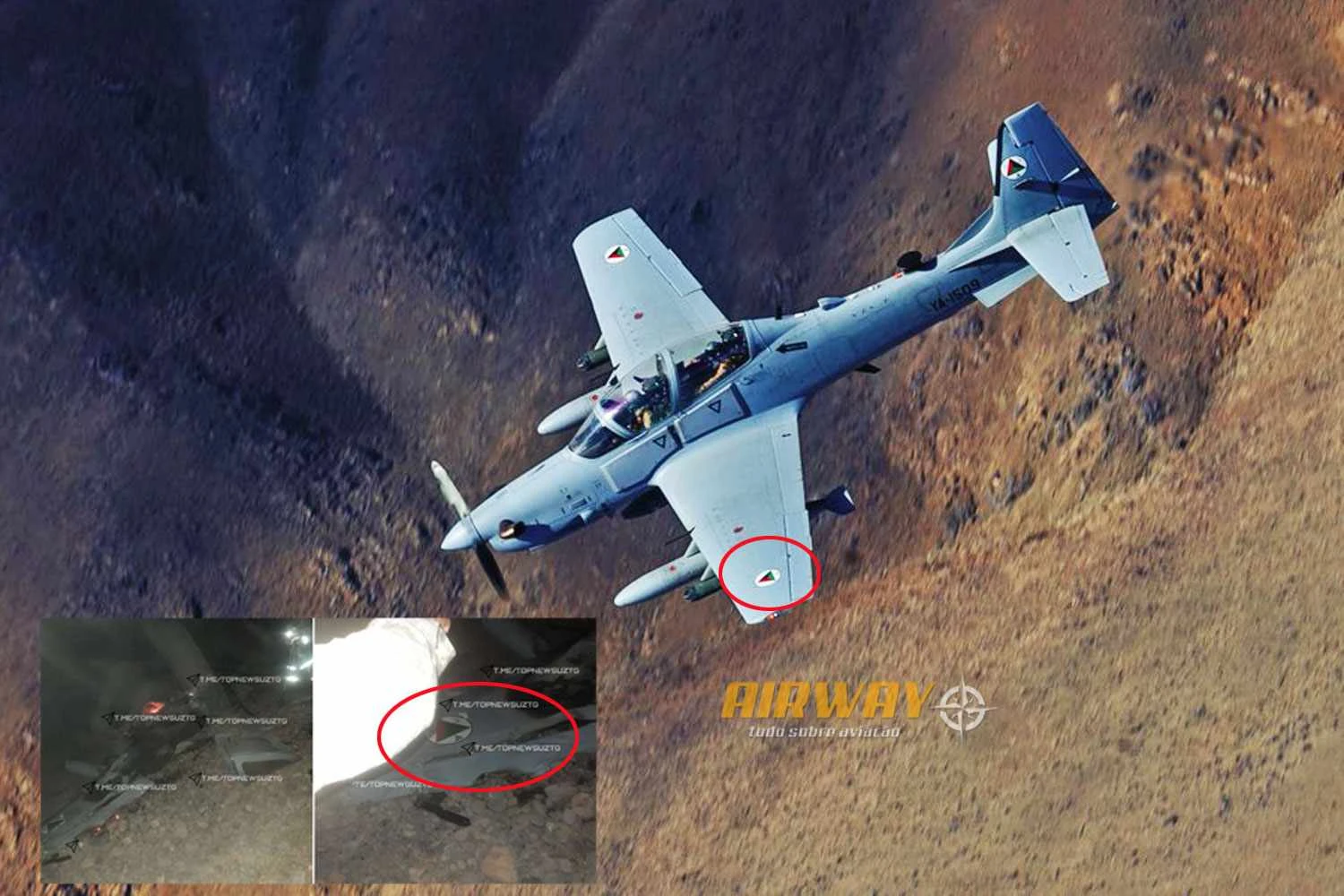 No detalhe os destroços do avião e a posição da insígnia semelhante a do A-29 (Reprodução)