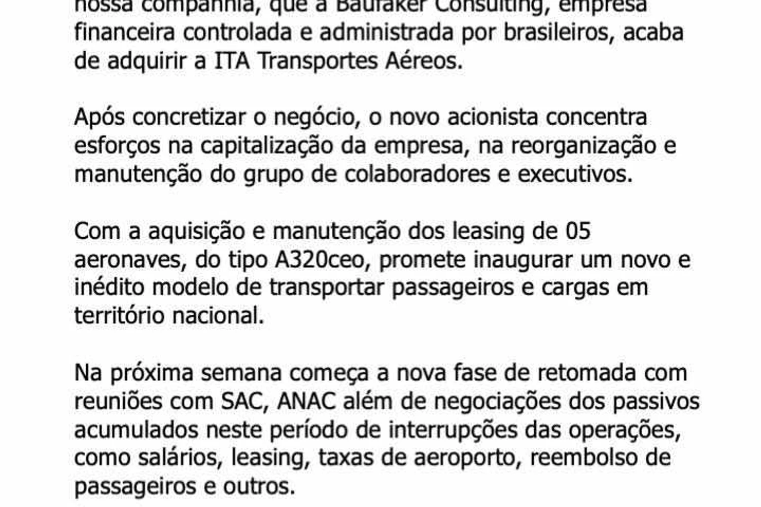 Carta enviada pela direção da ITA aos funcionários (Reprodução)
