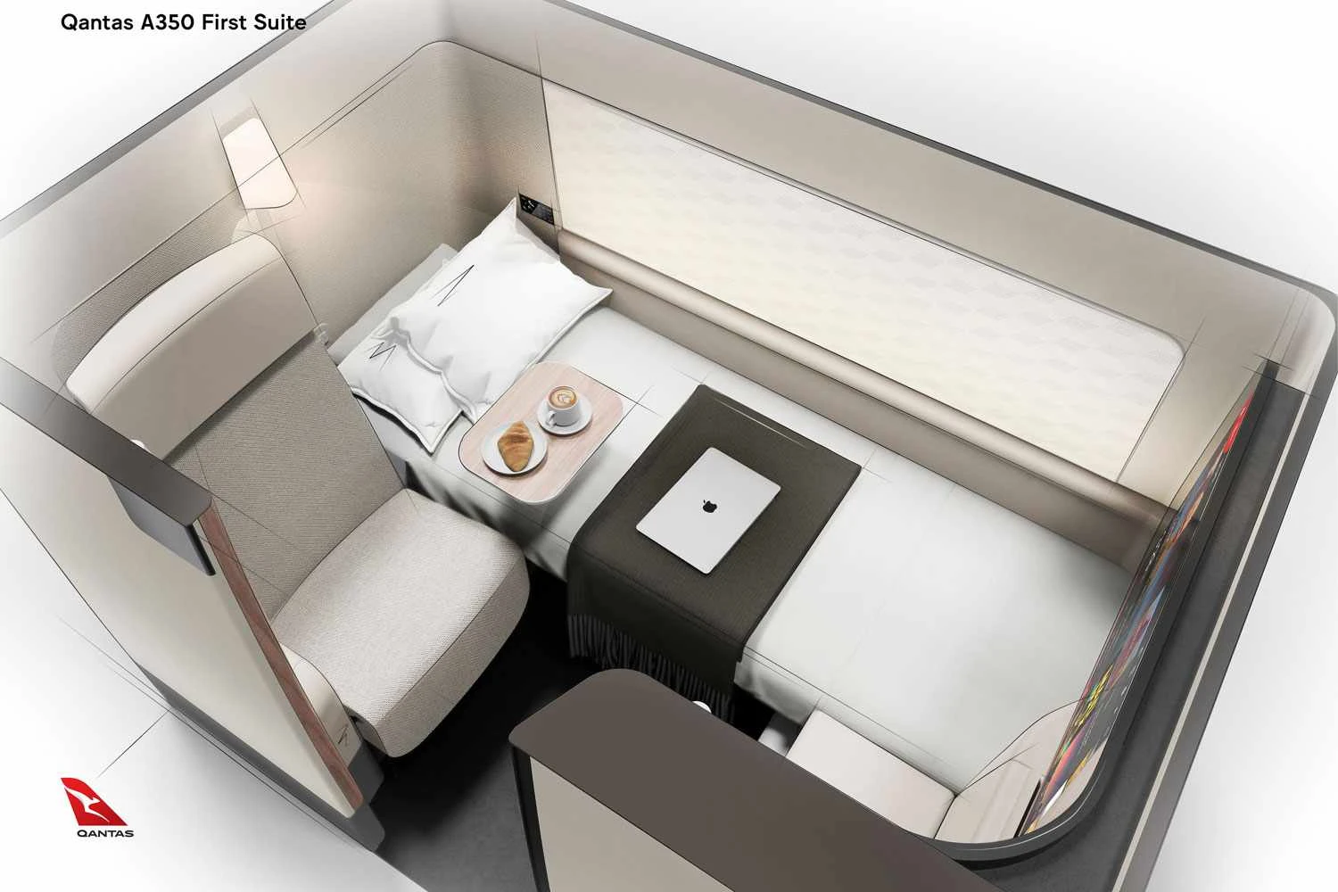 Cabine da primeira classe do A350-1000 (Qantas)