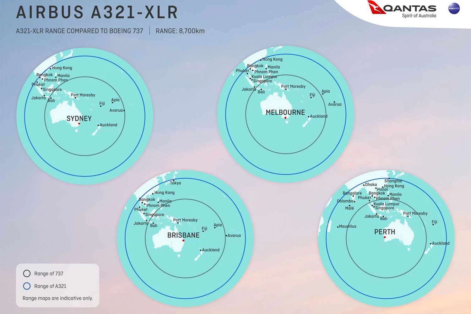 Comparação entre o alcance do Boeing 737 e do novo A321XLR (Qantas)