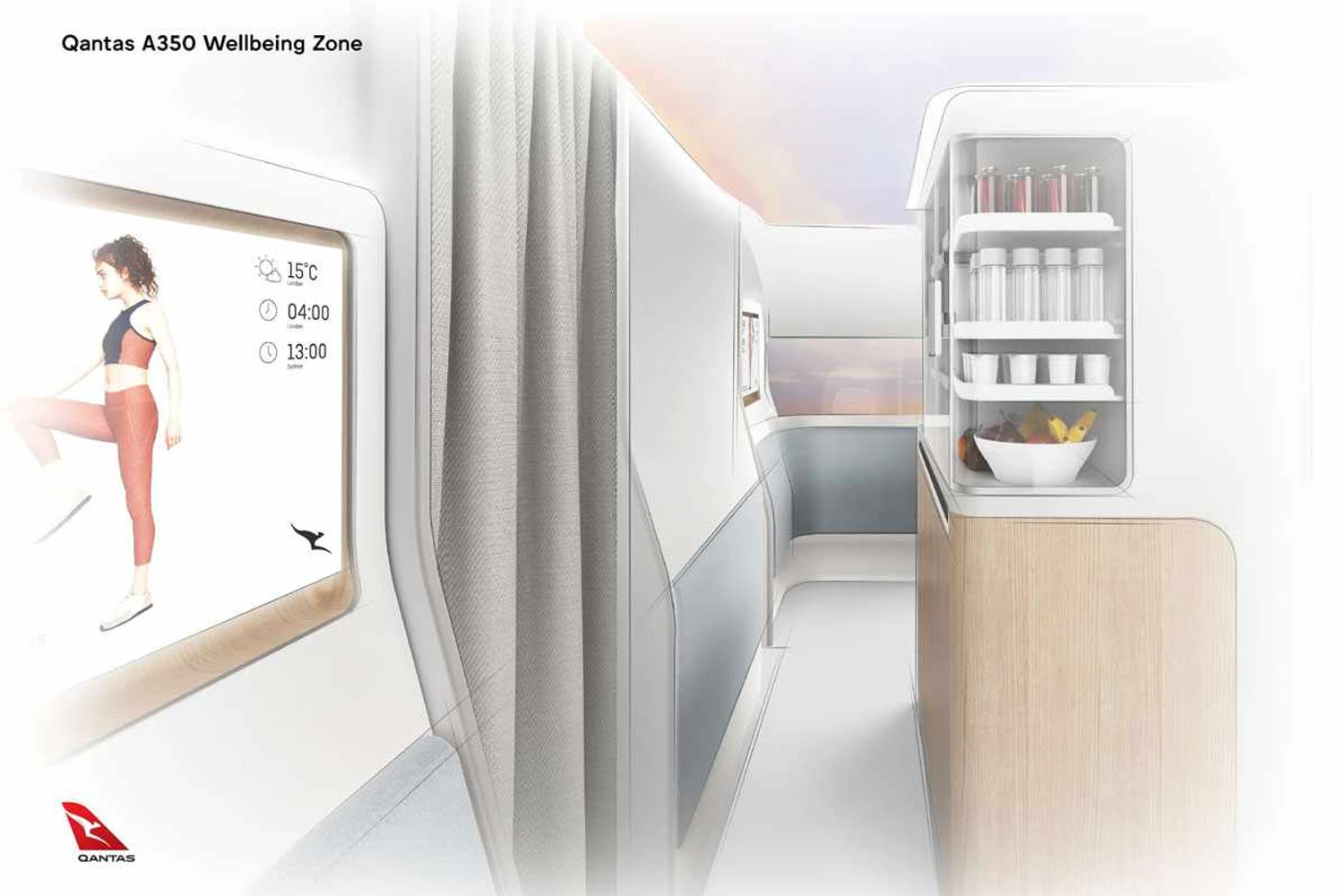 Ilustração da Zona de Bem-Estar que será incorporada aos A350 da Qantas (Divulgação)