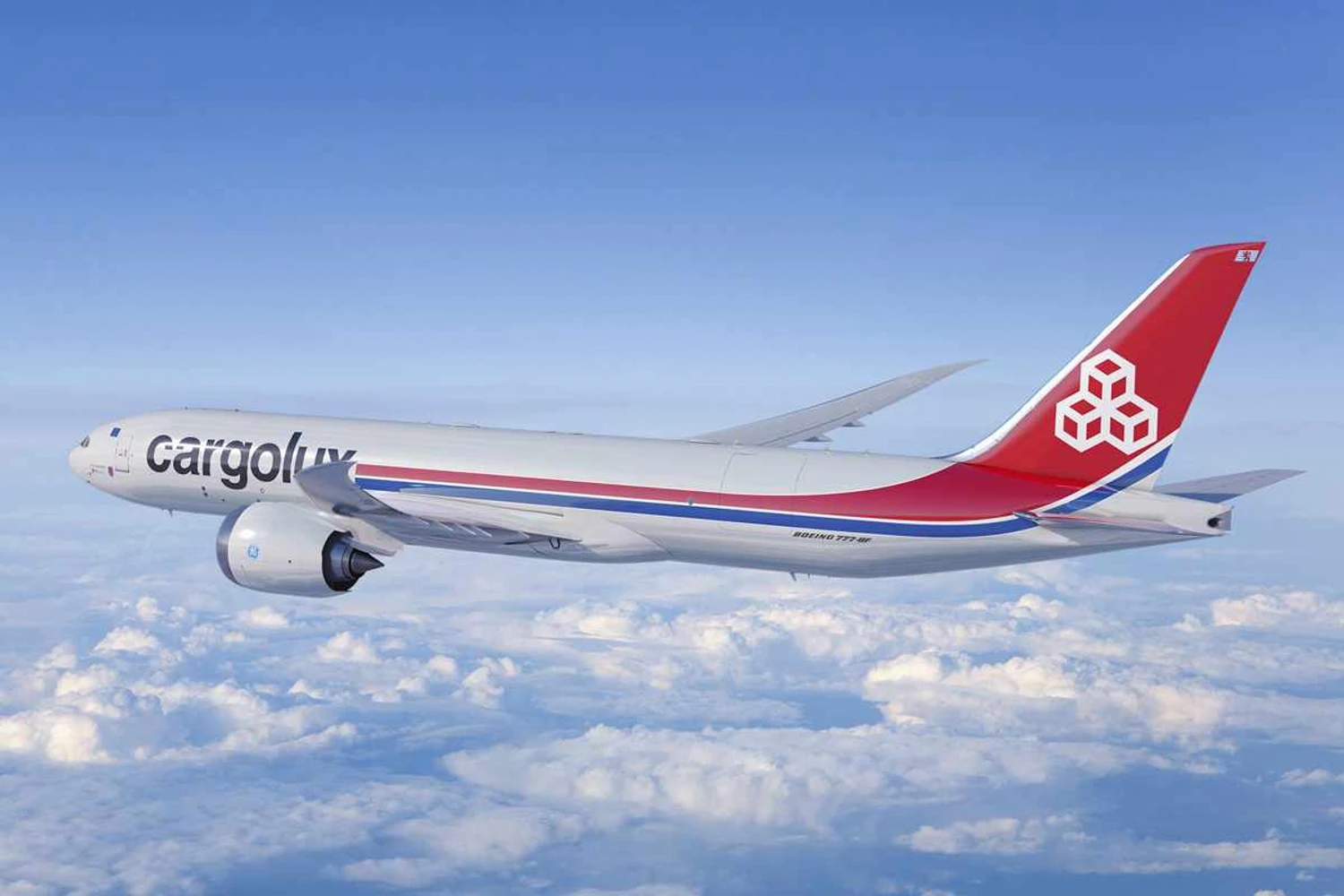 Concep&ccedil;&atilde;o art&iacute;stica do Boeing 777-8F com as cores da Cargolux (Boeing)