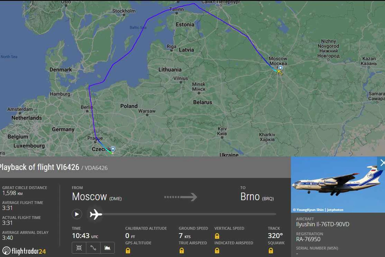 A rota operada pelo Il-76 da Volga Dnepr (FR24)