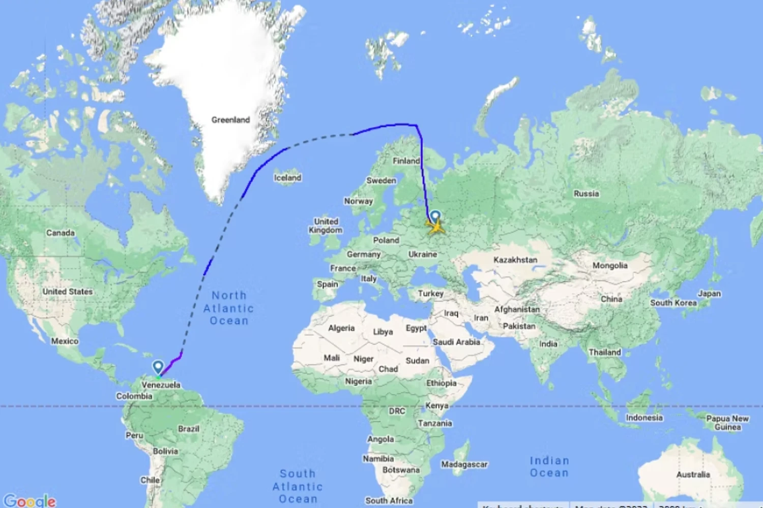 Em voos recentes para Venezuela, Nordwind fez trajeto contornando a Europa (FlighRadar24)