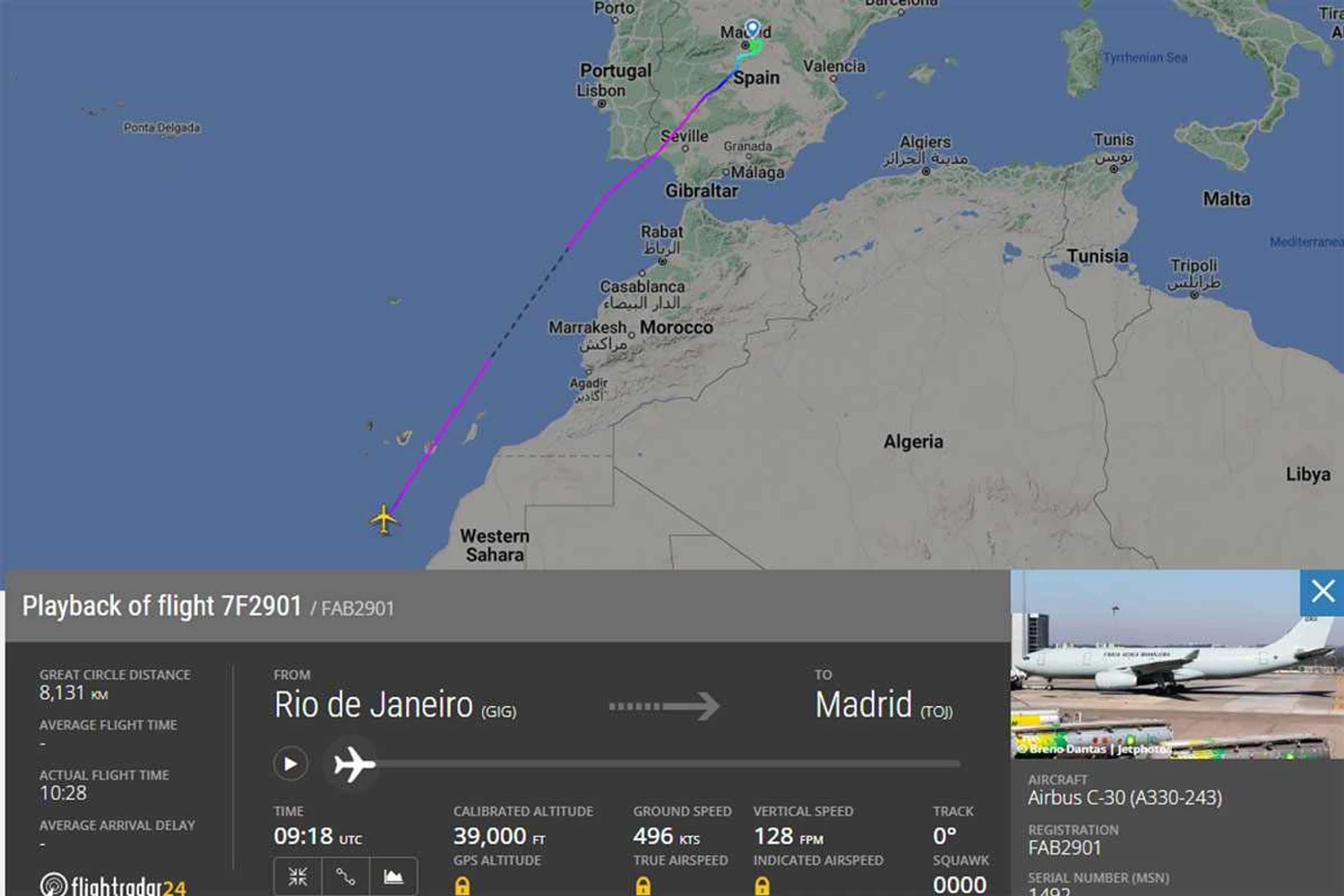O voo do KC-30 para a Espanha ocorreu no sábado (FR24)