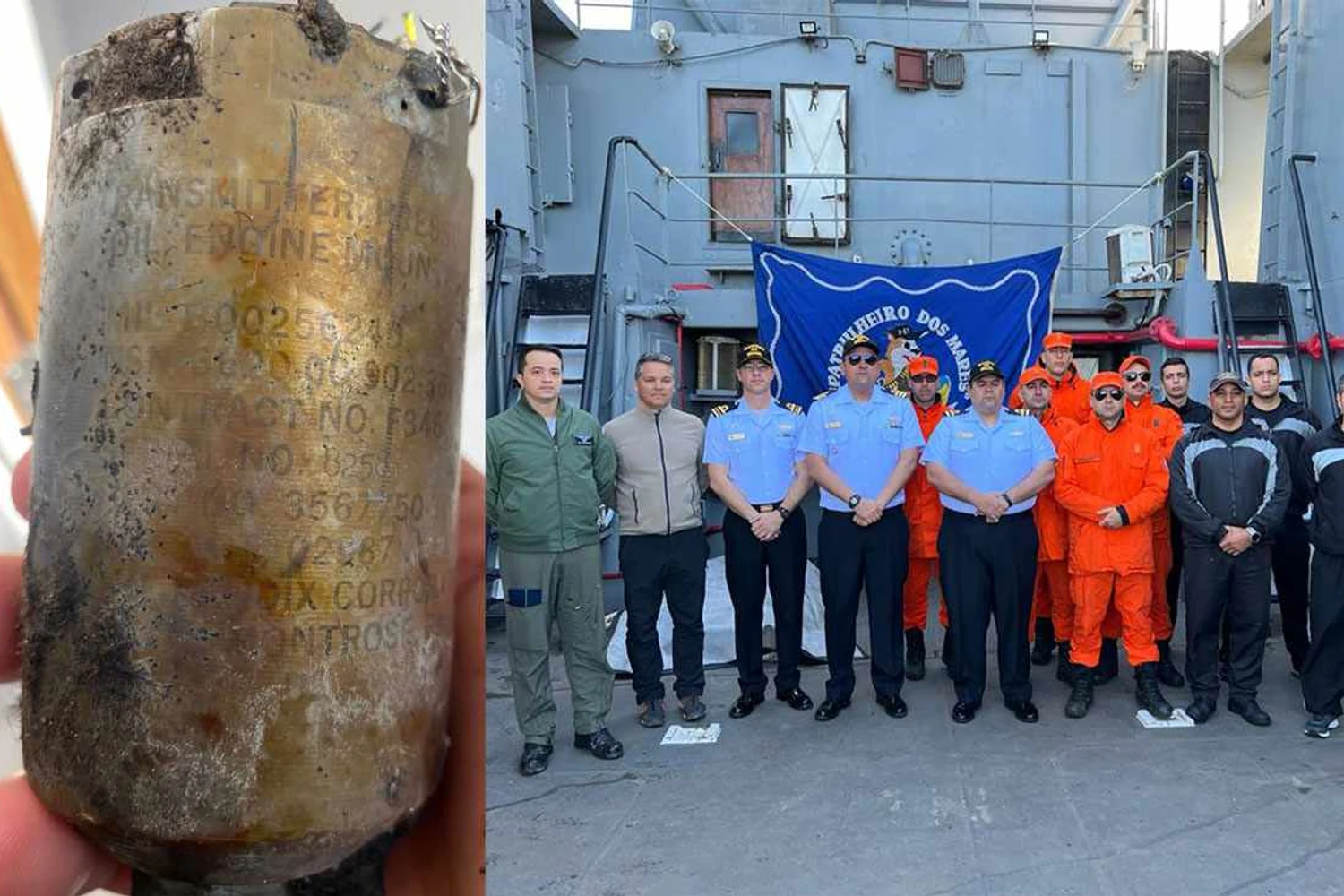 Uma peça do F-5 e à direita a equipe de resgate (FAB)