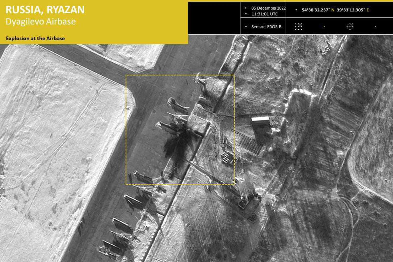 Imagem de satélite mostra uma enorme marca de explosão ao lado de um Tu-22M (ImageSat)