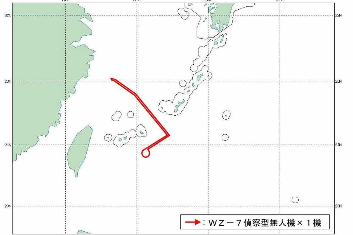 A marcação vermelha mostra a rota percorrida pelos drones chineses pelo estreito de Estreito de Miyako (Divulgação)
