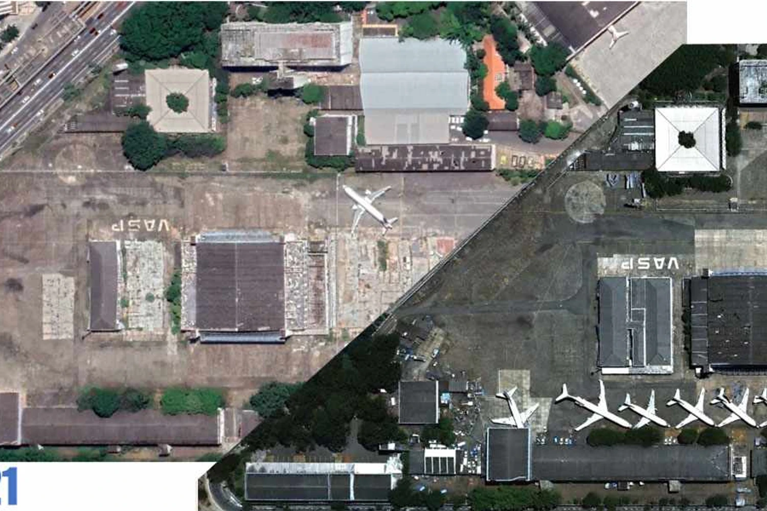 Imagem de satélite de 2008 (à direita) e de 2021: patrimônio perdido (Google)