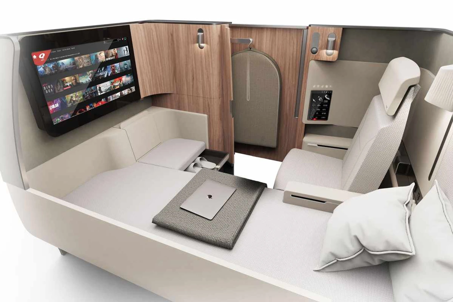 A primeira classe do Project Sunrise conta com uma cama extralarga e um tela de 32 polegadas (Qantas)