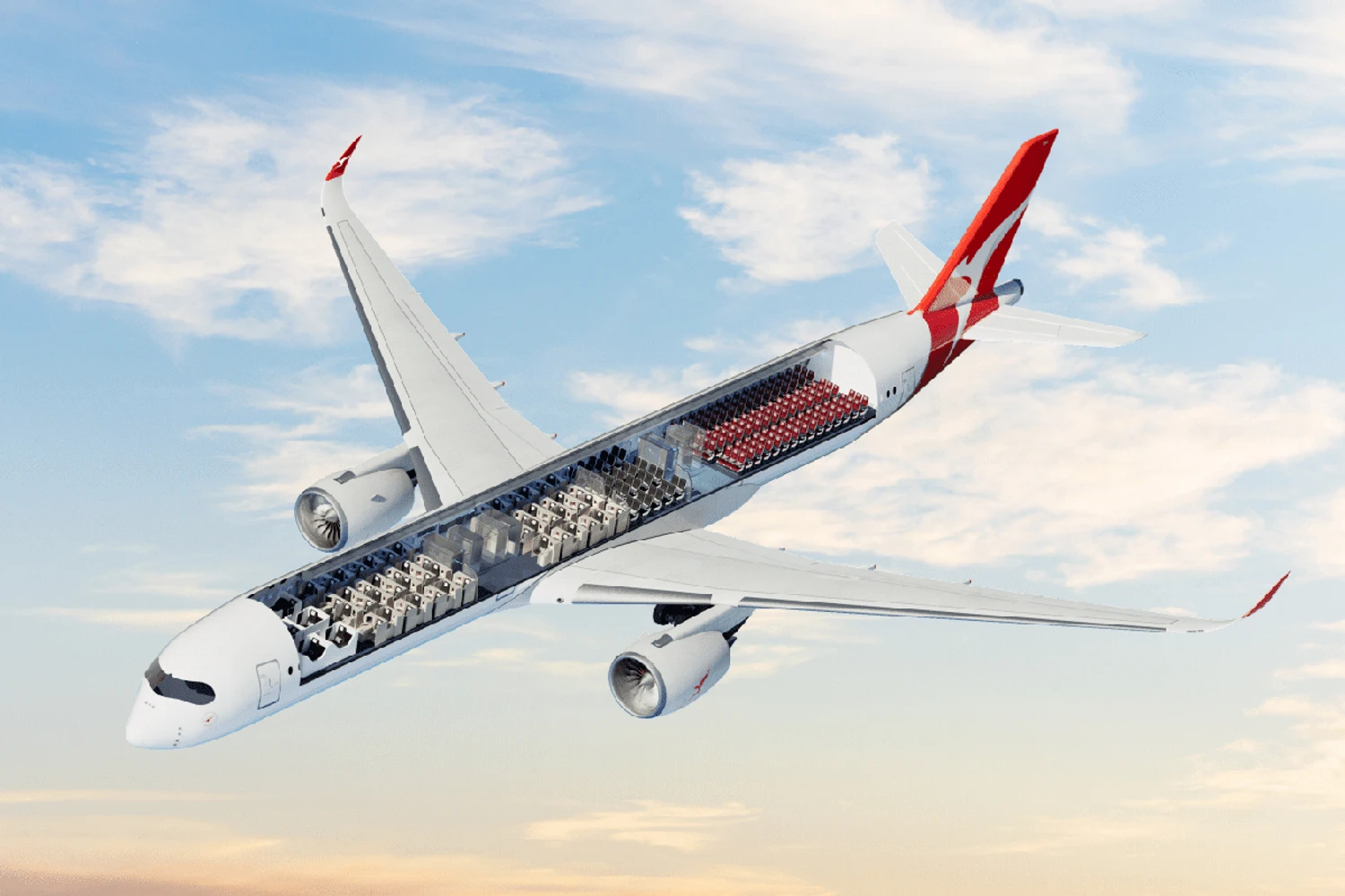 Metade do espaço interno do A350-1000 da Qantas será dedicado aos passageiros de primeira classe e executiva (Qantas)