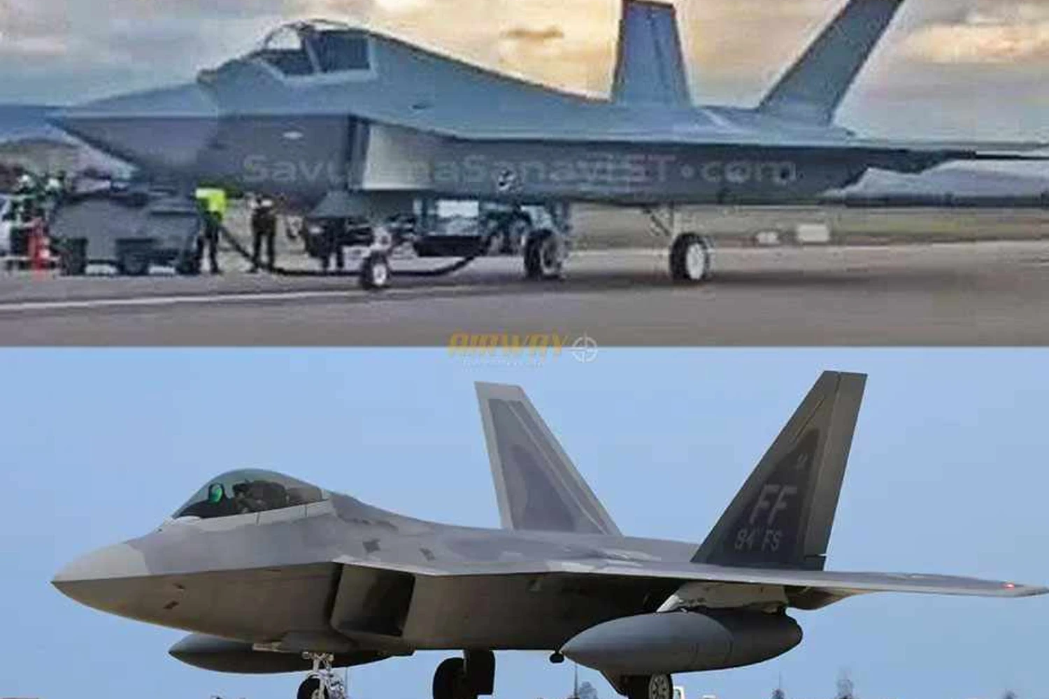 O protótipo do TF-X acima e o F-22 Raptor (Reprodução/USAF)