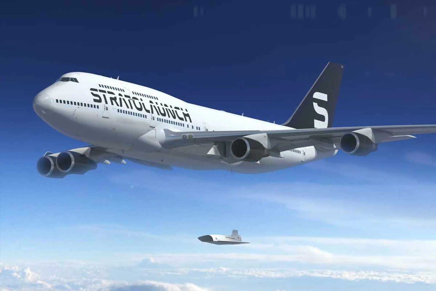Ilustração do Boeing 747 "Cosmic Girl" com o tema de pintura da Stratolaunch (Divulgação)