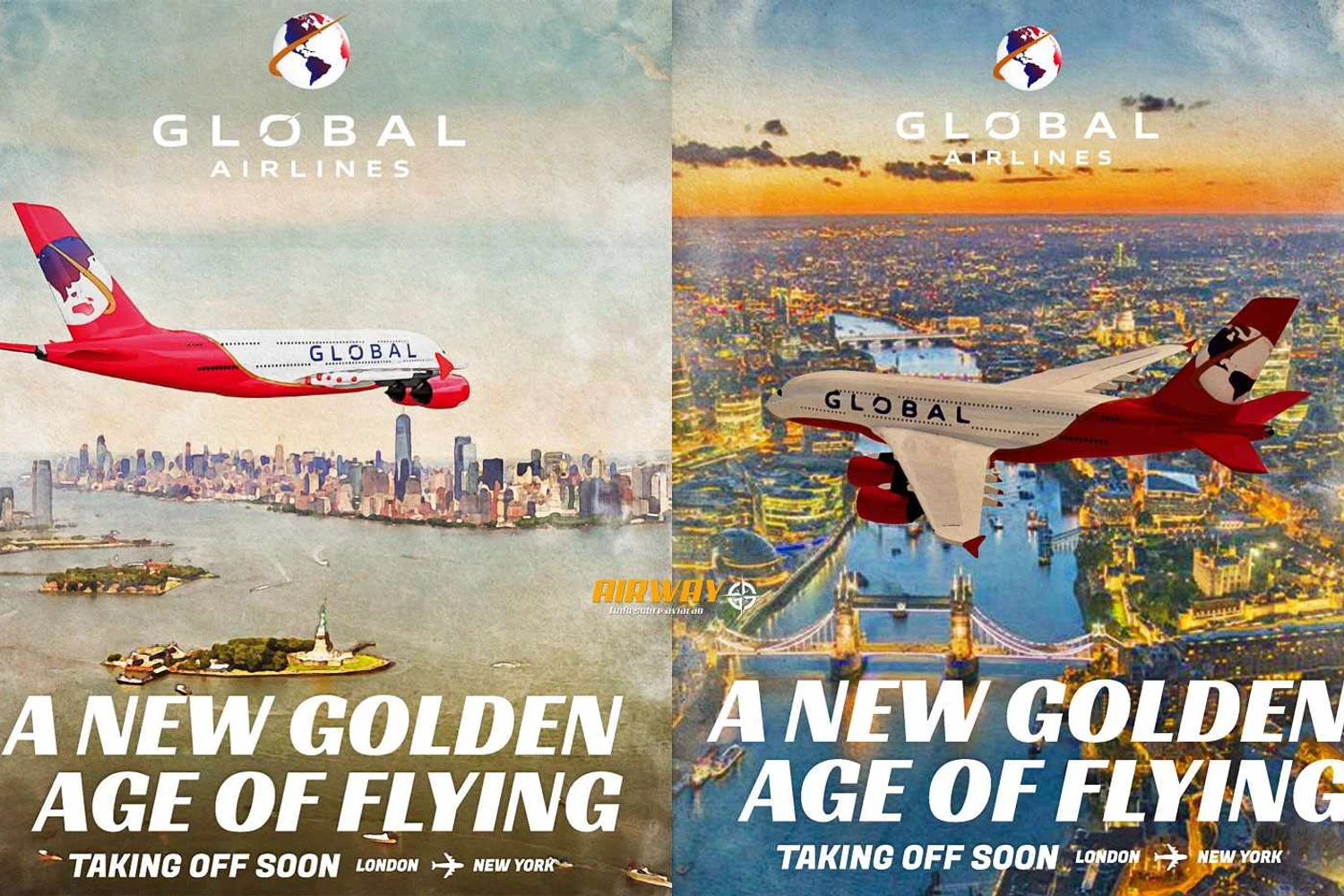 Anúncios retrôs da Global Airlines revelam primeiro destino: Nova York (GA)
