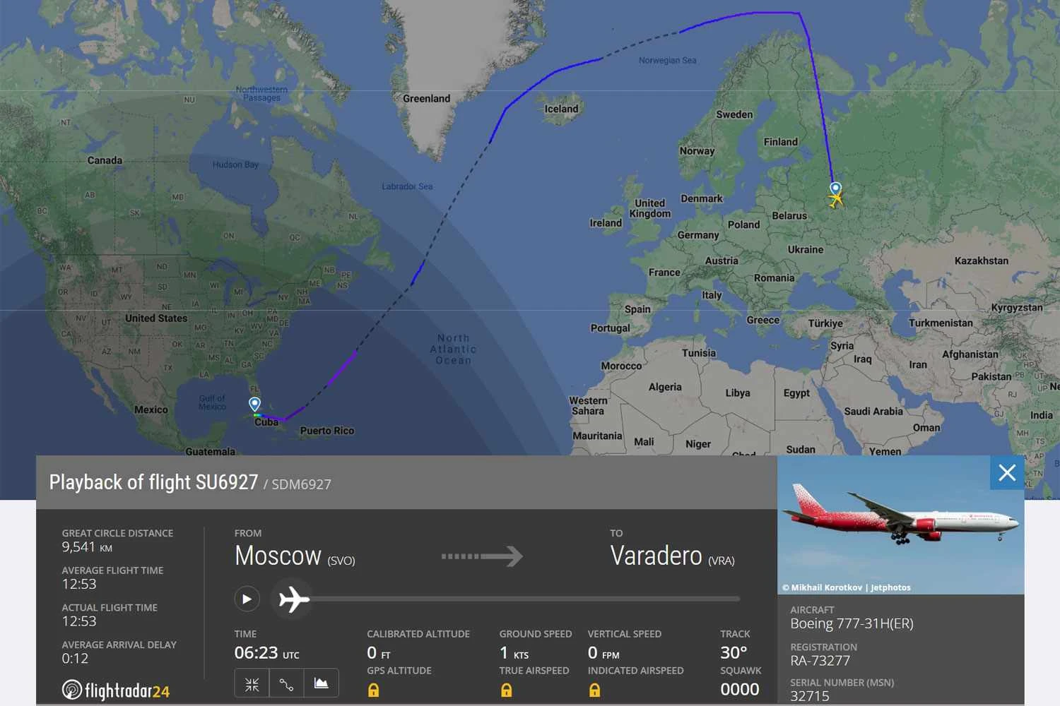 O longo voo da Rossiya para chegar à Cuba (FR24)