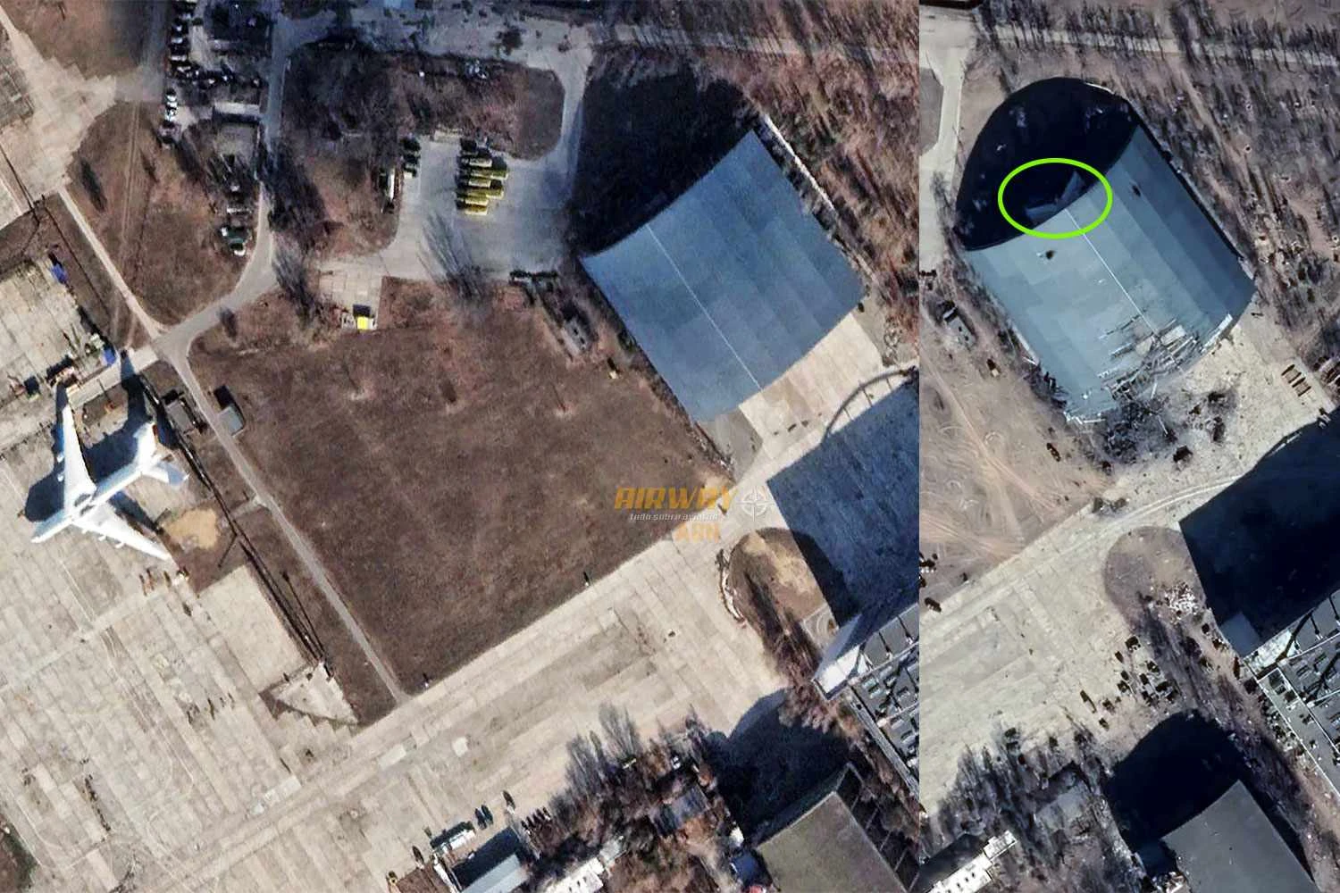 Imagens de satélite mostram o An-225 em Kiev dias antes do ataque. À direita, o hangar já atingido (GE)