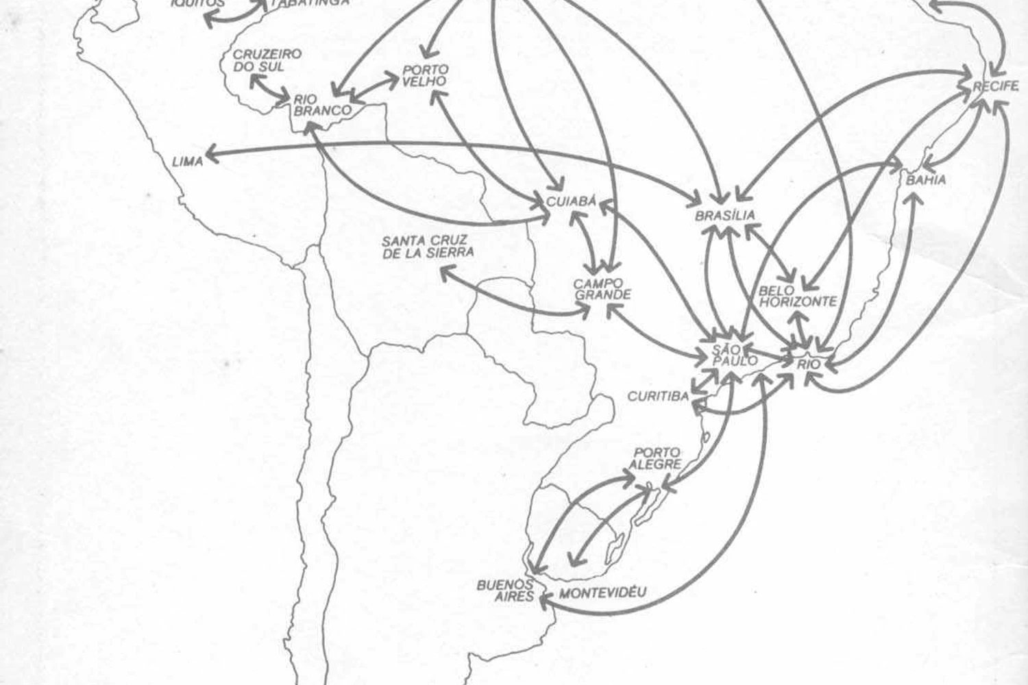 Mapa de rotas da Cruzeiro do Sul em abril de 1975, véspera da fusão com a VARIG. Nota-se a expansão dos serviços para Peru e Colômbia.