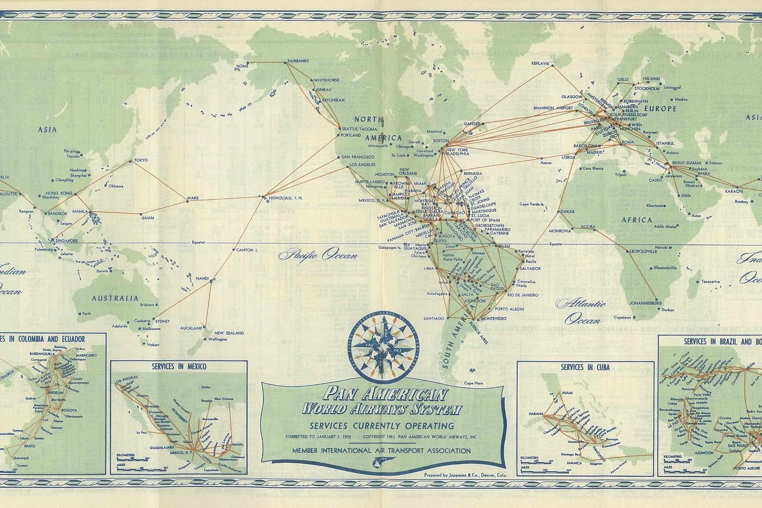 Rede de rotas da Pan American em 1953. Notam-se a ligação entre Brasil e Europa, e o mapa dos voos domésticos realizados pela Panair. Fonte: Timetableimages.com.