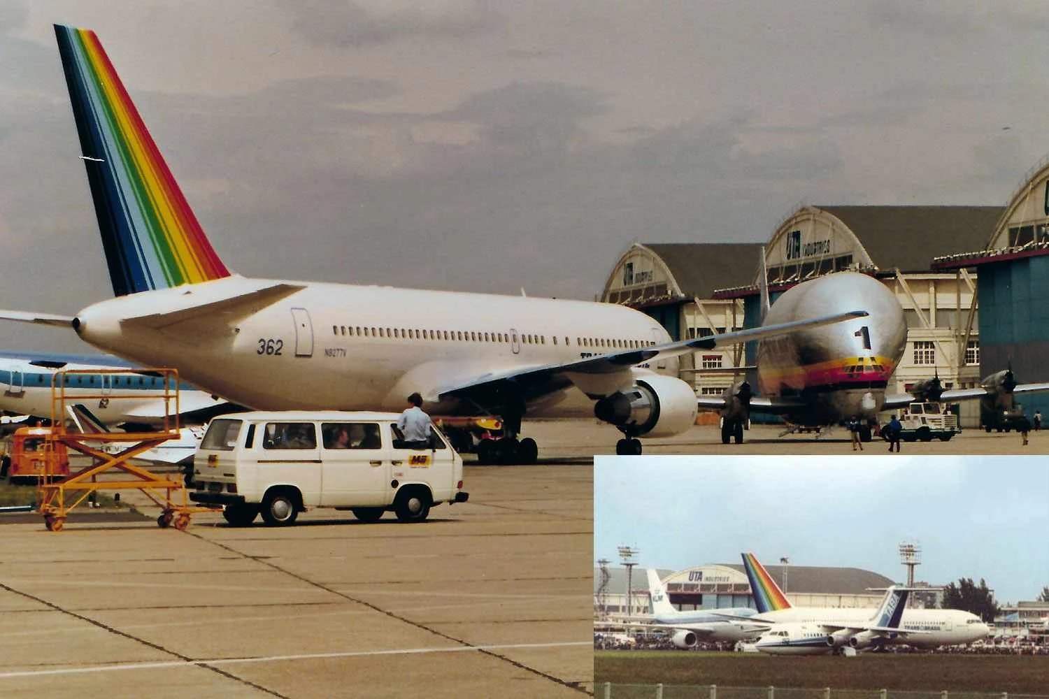 Festa brasileira nos céus parisienses. Além do futuro PT-TAA, o BAe 146 para a TABA foi apresentado na feira de Le Bourget. O A310-200 da KLM ao fundo tinha retornado do Brasil após apresentação à VASP. Fotos: Eric Salard e Reprodução.